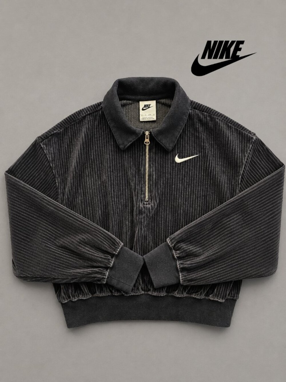 Nike Women's Cropped Corduroy Quarter Zip Hoodie XS Charcoal Gray